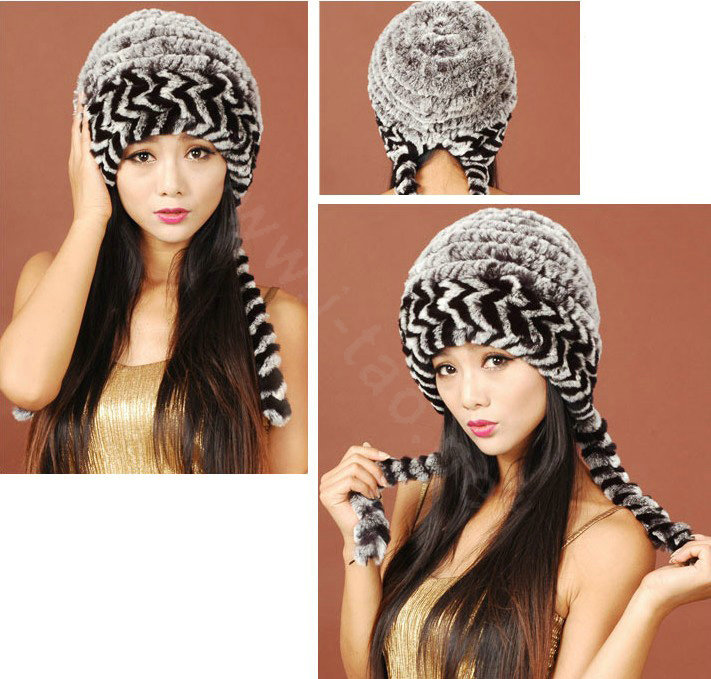 Women Rex Rabbit Fur Hats Knitted Thicker Winter Warm Ear protector Caps - Black