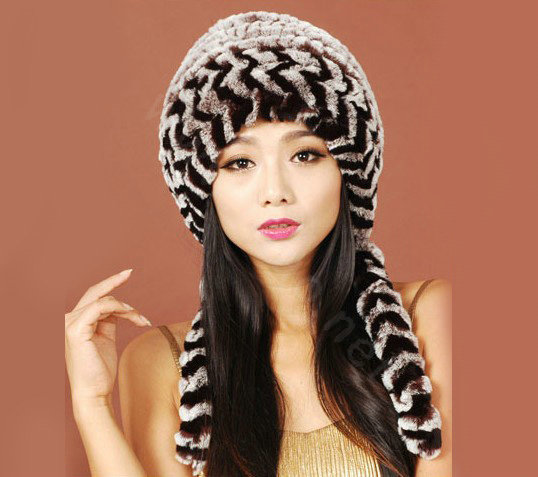 Women Rex Rabbit Fur Hats Knitted Thicker Winter Warm Ear protector Caps - Brown Black