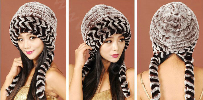 Women Rex Rabbit Fur Hats Knitted Thicker Winter Warm Ear protector Caps - Brown Black