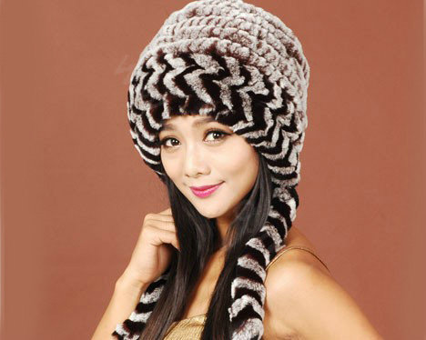 Women Rex Rabbit Fur Hats Knitted Thicker Winter Warm Ear protector Caps - Brown Black