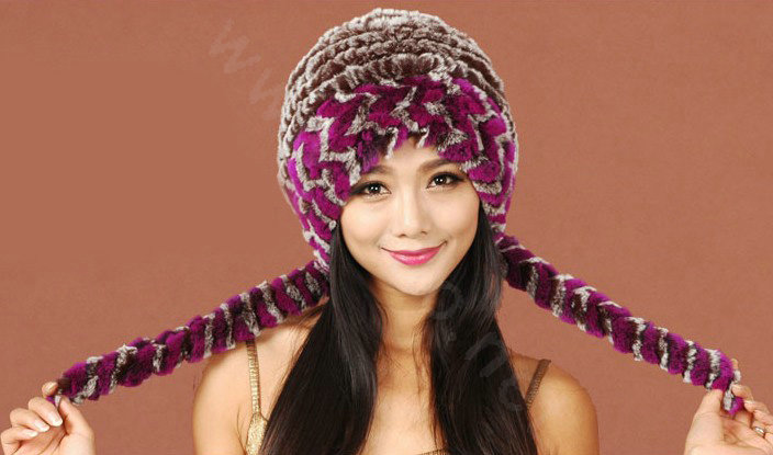 Women Rex Rabbit Fur Hats Knitted Thicker Winter Warm Ear protector Caps - Brown Purple
