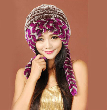 Women Rex Rabbit Fur Hats Knitted Thicker Winter Warm Ear protector Caps - Brown Purple
