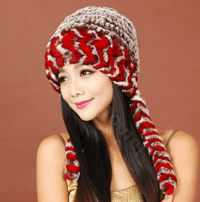 Women Rex Rabbit Fur Hats Knitted Thicker Winter Warm Ear protector Caps - Red Brown