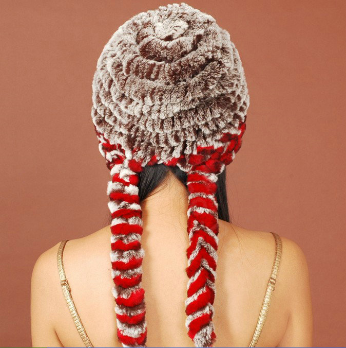 Women Rex Rabbit Fur Hats Knitted Thicker Winter Warm Ear protector Caps - Red Brown