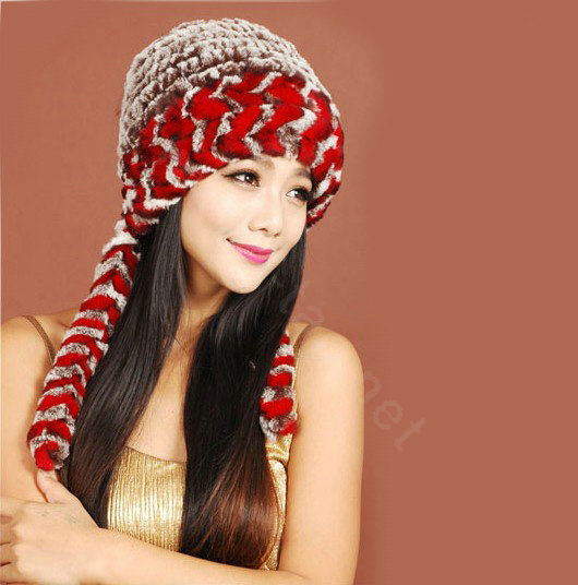 Women Rex Rabbit Fur Hats Knitted Thicker Winter Warm Ear protector Caps - Red Brown