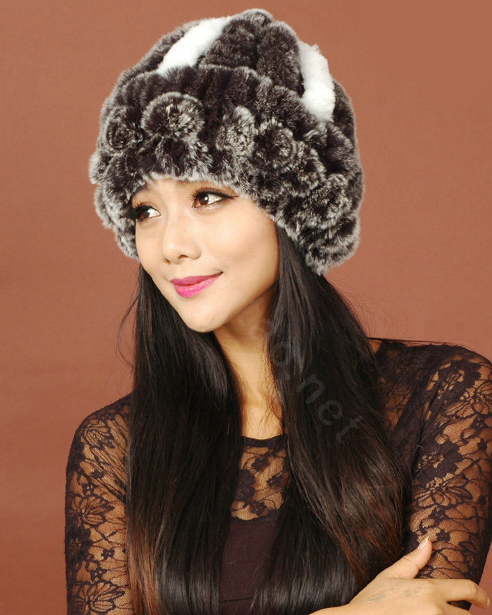 Women Rex Rabbit Fur Hats Knitted Thicker Winter Warm Flower lace Caps - Black
