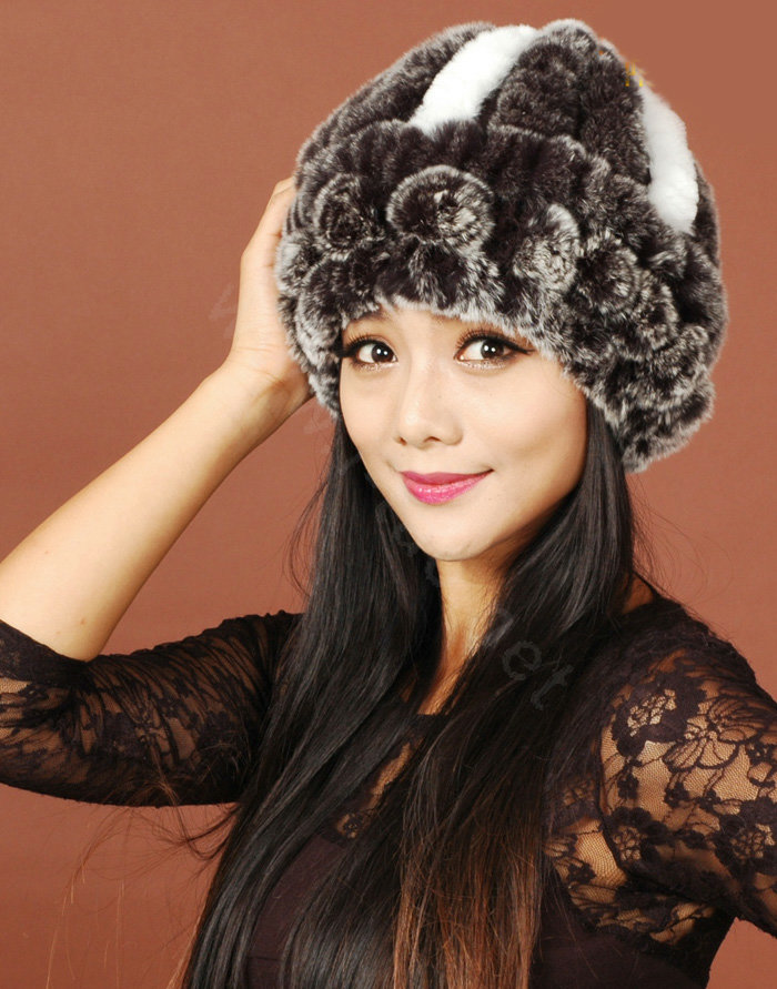 Women Rex Rabbit Fur Hats Knitted Thicker Winter Warm Flower lace Caps - Black