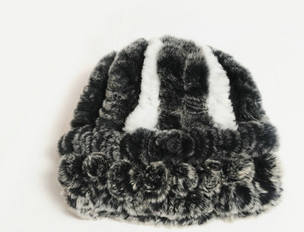 Women Rex Rabbit Fur Hats Knitted Thicker Winter Warm Flower lace Caps - Black