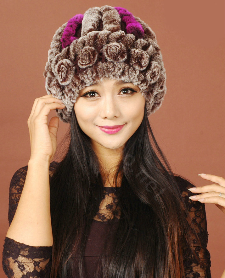 Women Rex Rabbit Fur Hats Knitted Thicker Winter Warm Flower lace Caps - Brown Purple