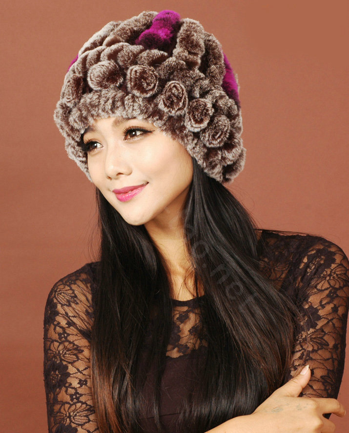 Women Rex Rabbit Fur Hats Knitted Thicker Winter Warm Flower lace Caps - Brown Purple