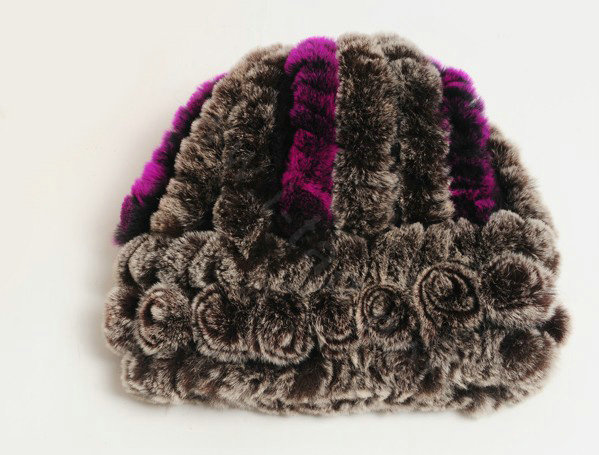 Women Rex Rabbit Fur Hats Knitted Thicker Winter Warm Flower lace Caps - Brown Purple