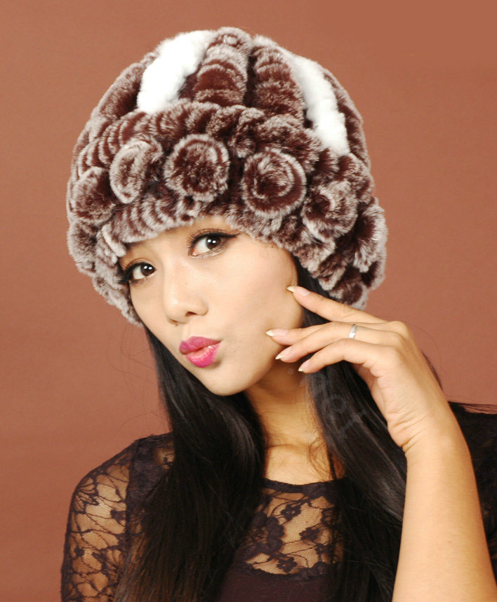 Women Rex Rabbit Fur Hats Knitted Thicker Winter Warm Flower lace Caps - Brown White