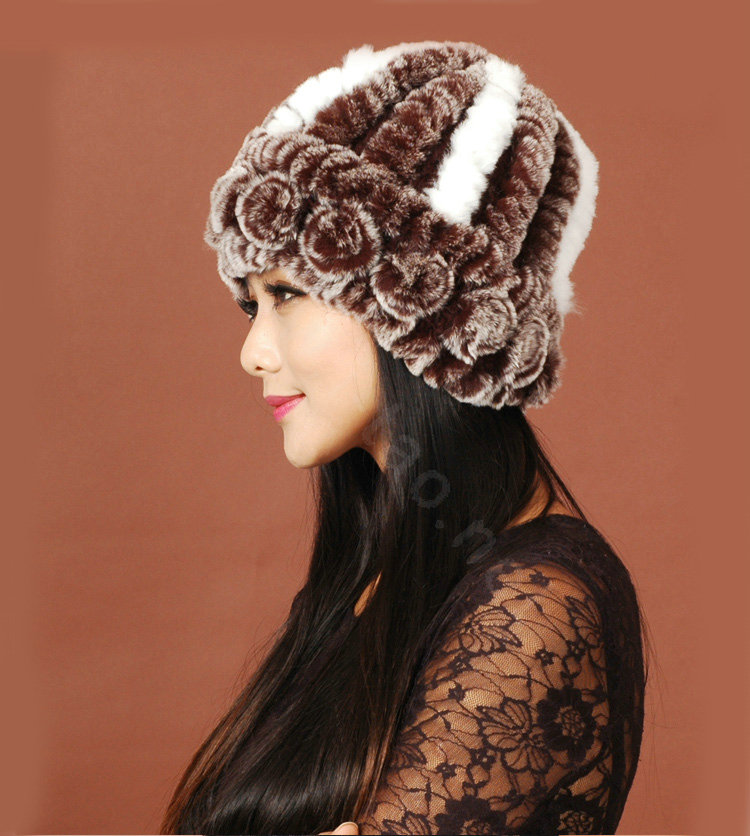 Women Rex Rabbit Fur Hats Knitted Thicker Winter Warm Flower lace Caps - Brown White