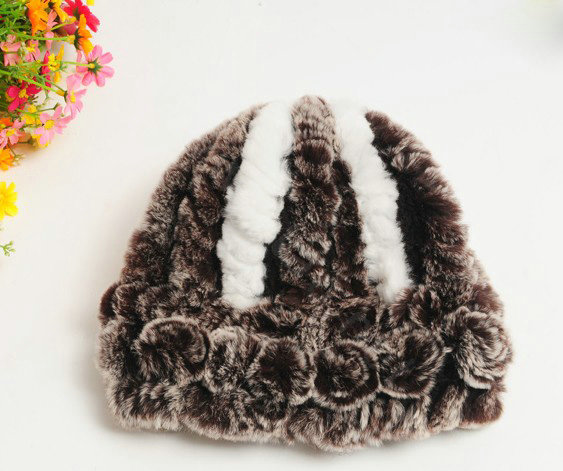 Women Rex Rabbit Fur Hats Knitted Thicker Winter Warm Flower lace Caps - Brown White