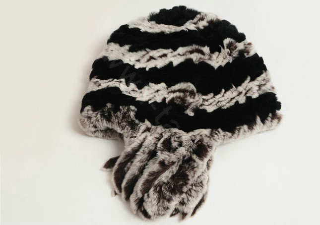 Women Rex Rabbit Fur Hats Knitted Thicker Winter Warm Tassel Ear protector Caps - Black