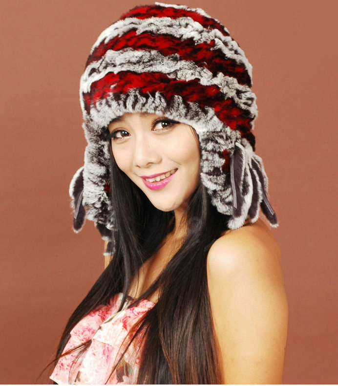 Women Rex Rabbit Fur Hats Knitted Thicker Winter Warm Tassel Ear protector Caps - Red