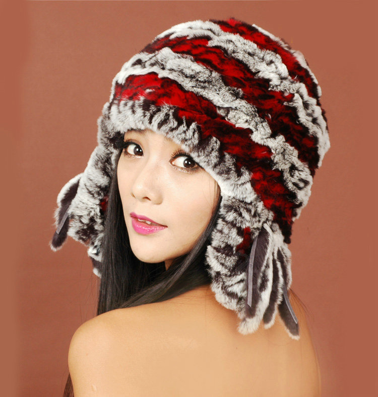 Women Rex Rabbit Fur Hats Knitted Thicker Winter Warm Tassel Ear protector Caps - Red