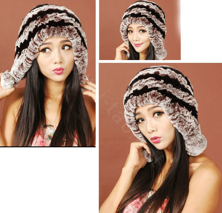 Women Rex Rabbit Fur Hats Knitted Thicker Winter Warm fur ball Ear protector Caps - Black