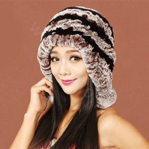 Women Rex Rabbit Fur Hats Knitted Thicker Winter Warm fur ball Ear protector Caps - Black
