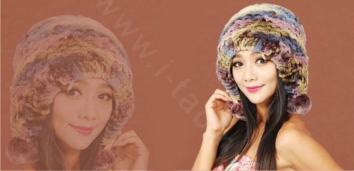 Women Rex Rabbit Fur Hats Knitted Thicker Winter Warm fur ball Ear protector Caps - Multicolor