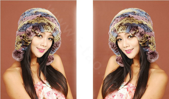 Women Rex Rabbit Fur Hats Knitted Thicker Winter Warm fur ball Ear protector Caps - Multicolor