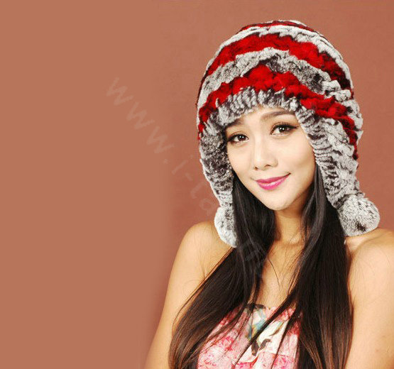 Women Rex Rabbit Fur Hats Knitted Thicker Winter Warm fur ball Ear protector Caps - Red