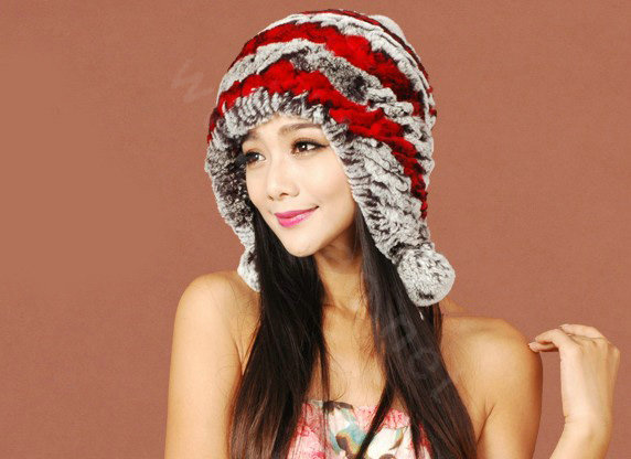 Women Rex Rabbit Fur Hats Knitted Thicker Winter Warm fur ball Ear protector Caps - Red