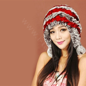 Women Rex Rabbit Fur Hats Knitted Thicker Winter Warm fur ball Ear protector Caps - Red