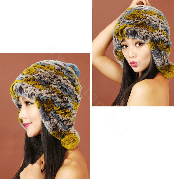 Women Rex Rabbit Fur Hats Knitted Thicker Winter Warm fur ball Ear protector Caps - Yellow