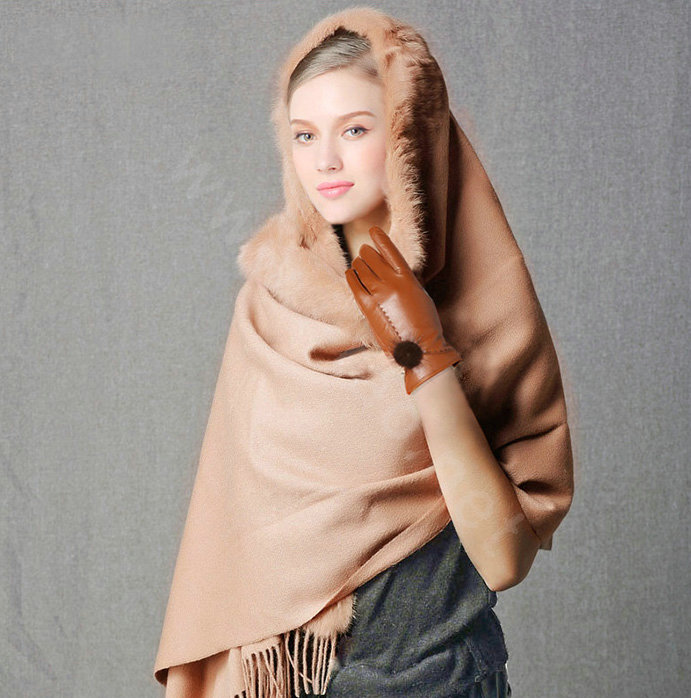 100% Wool Wraps Rabbit Fur Scarf Shawls Female Winter Warm Pashmina - Apricot