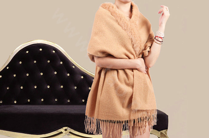 100% Wool Wraps Rabbit Fur Scarf Shawls Female Winter Warm Pashmina - Apricot