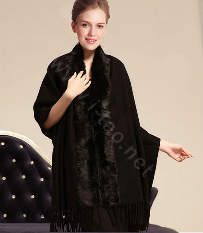 100% Wool Wraps Rabbit Fur Scarf Shawls Female Winter Warm Pashmina - Black