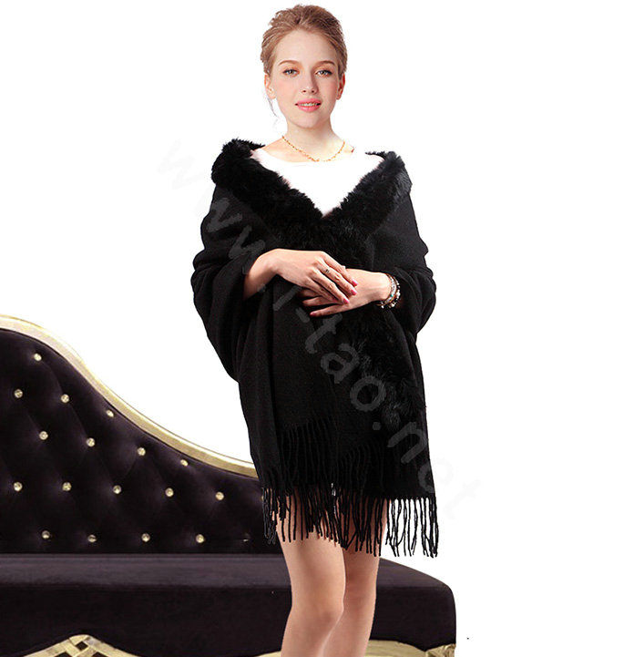 100% Wool Wraps Rabbit Fur Scarf Shawls Female Winter Warm Pashmina - Black
