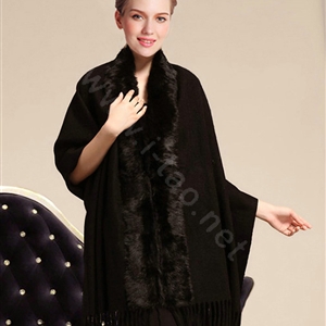 100% Wool Wraps Rabbit Fur Scarf Shawls Female Winter Warm Pashmina - Black
