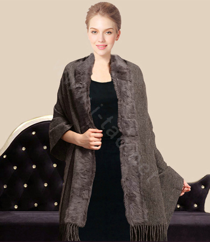 100% Wool Wraps Rabbit Fur Scarf Shawls Female Winter Warm Pashmina - Grey