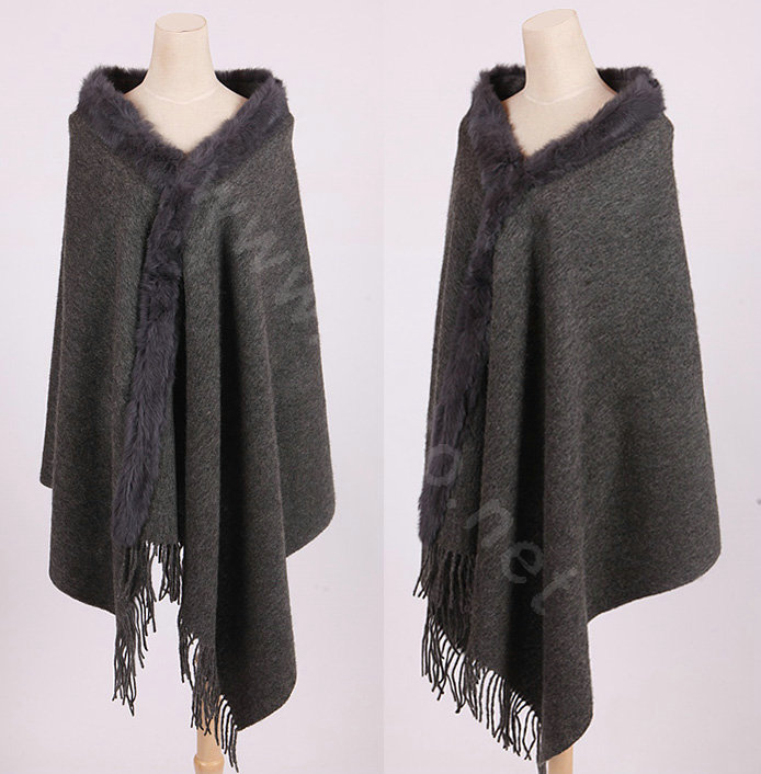 100% Wool Wraps Rabbit Fur Scarf Shawls Female Winter Warm Pashmina - Grey