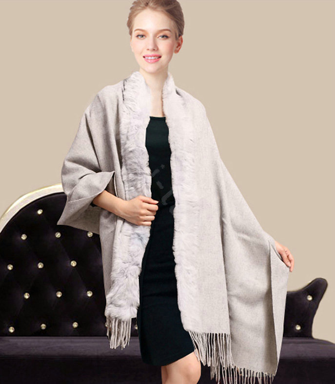 100% Wool Wraps Rabbit Fur Scarf Shawls Female Winter Warm Pashmina - Light Gray