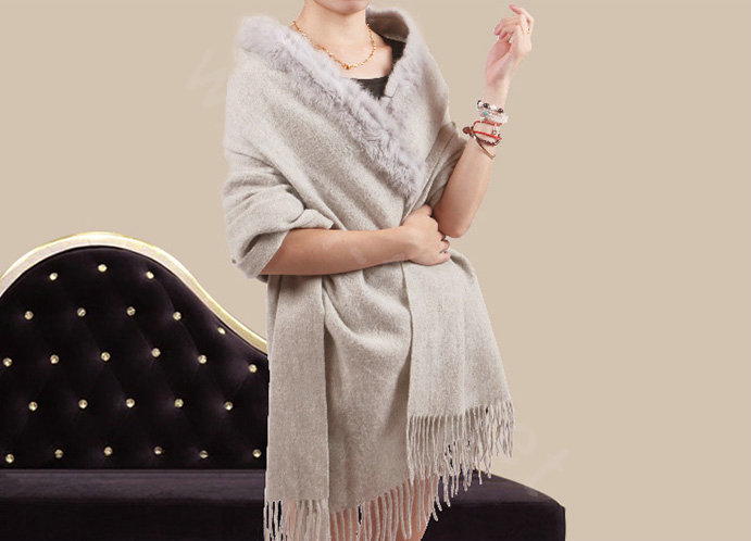 100% Wool Wraps Rabbit Fur Scarf Shawls Female Winter Warm Pashmina - Light Gray