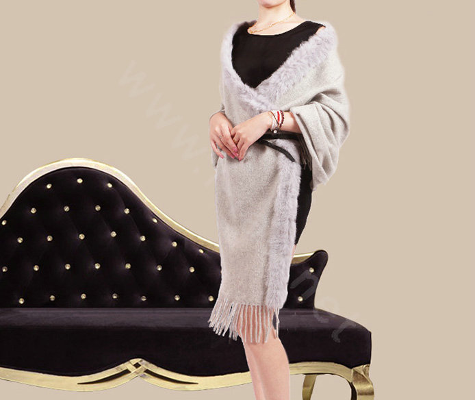 100% Wool Wraps Rabbit Fur Scarf Shawls Female Winter Warm Pashmina - Light Gray