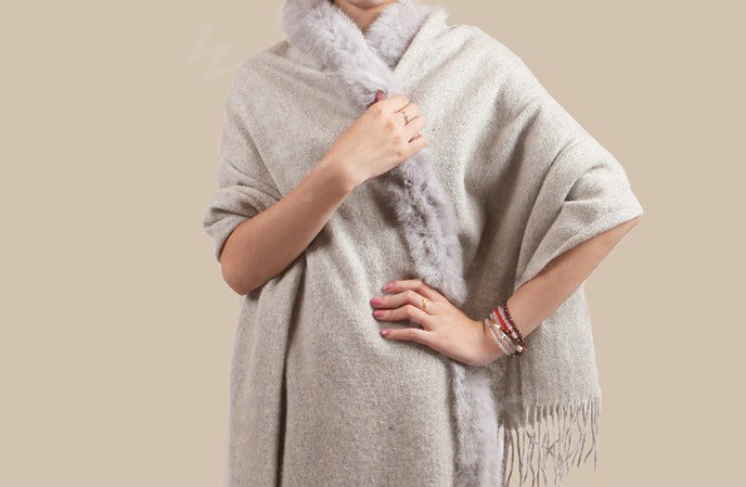 100% Wool Wraps Rabbit Fur Scarf Shawls Female Winter Warm Pashmina - Light Gray