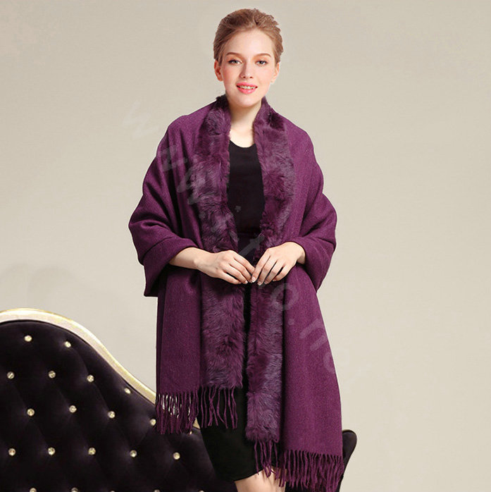 100% Wool Wraps Rabbit Fur Scarf Shawls Female Winter Warm Pashmina - Purple