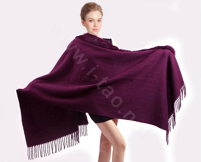 100% Wool Wraps Rabbit Fur Scarf Shawls Female Winter Warm Pashmina - Purple