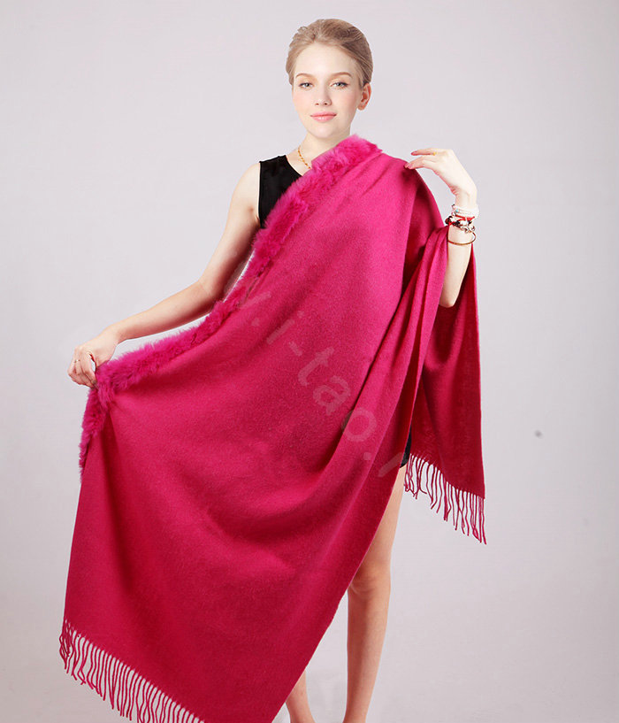 100% Wool Wraps Rabbit Fur Scarf Shawls Female Winter Warm Pashmina - Rose