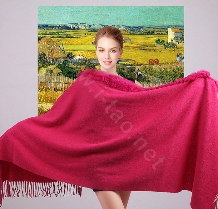 100% Wool Wraps Rabbit Fur Scarf Shawls Female Winter Warm Pashmina - Rose