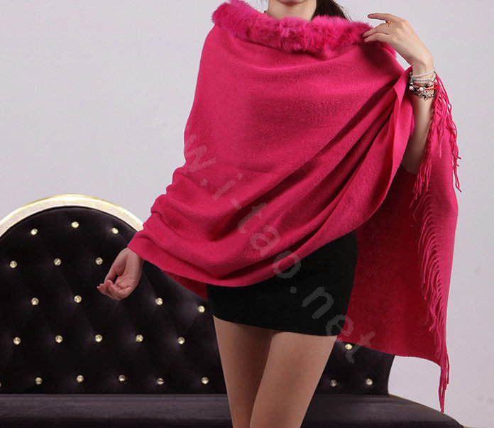 100% Wool Wraps Rabbit Fur Scarf Shawls Female Winter Warm Pashmina - Rose