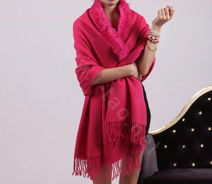 100% Wool Wraps Rabbit Fur Scarf Shawls Female Winter Warm Pashmina - Rose