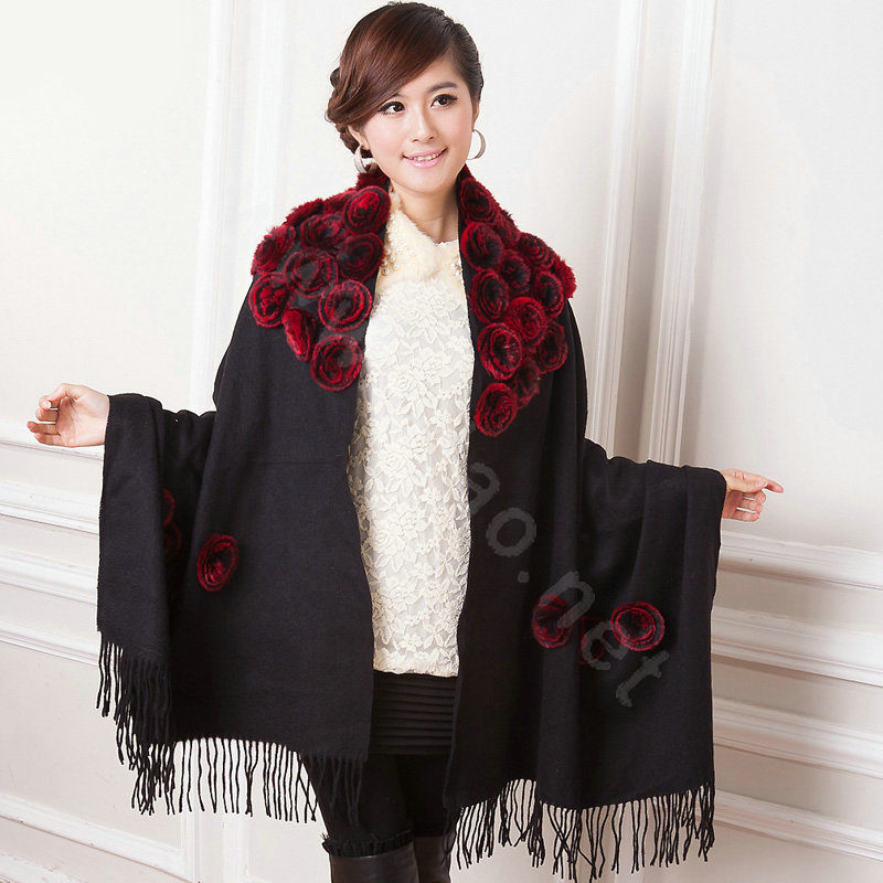 100% Wool Wraps Rabbit Fur Scarf Shawls Flowers Female Winter Warm Pashmina - Black