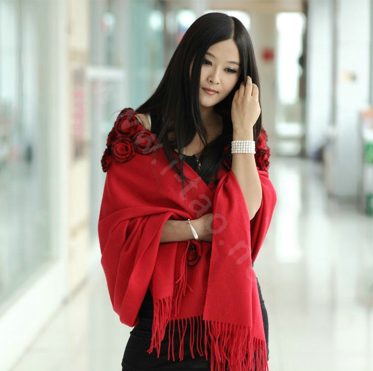 100% Wool Wraps Rabbit Fur Scarf Shawls Flowers Female Winter Warm Pashmina - Red