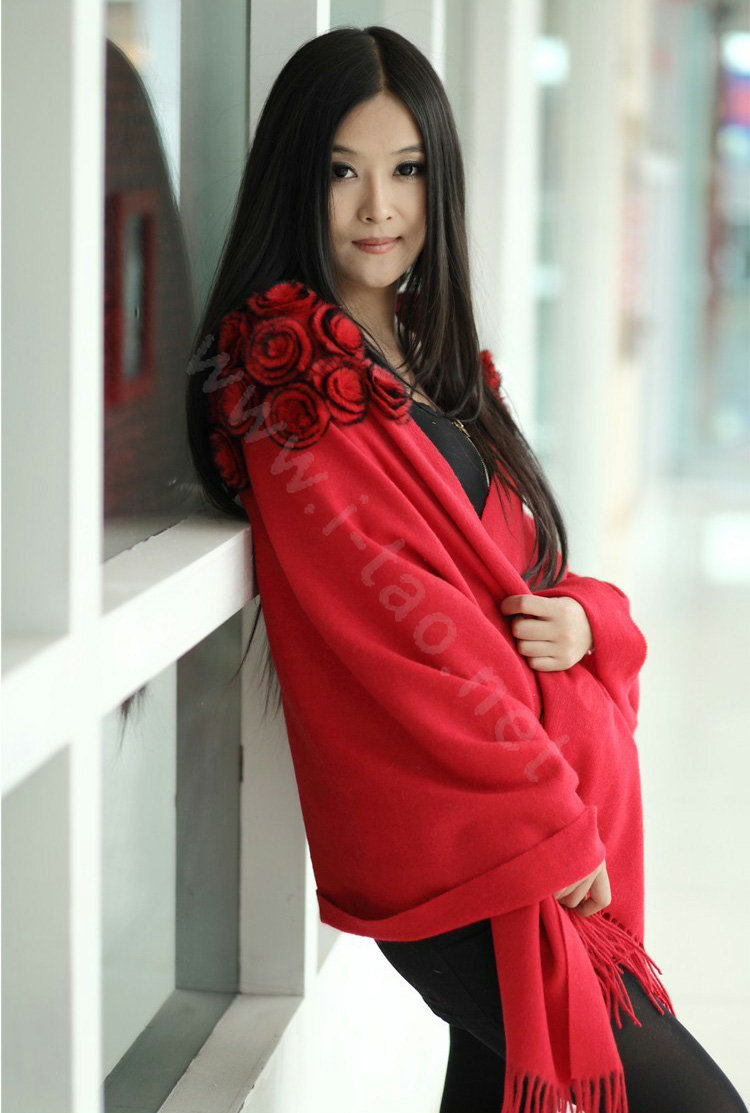 100% Wool Wraps Rabbit Fur Scarf Shawls Flowers Female Winter Warm Pashmina - Red