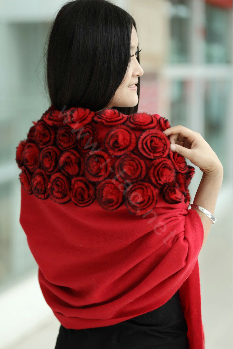 100% Wool Wraps Rabbit Fur Scarf Shawls Flowers Female Winter Warm Pashmina - Red